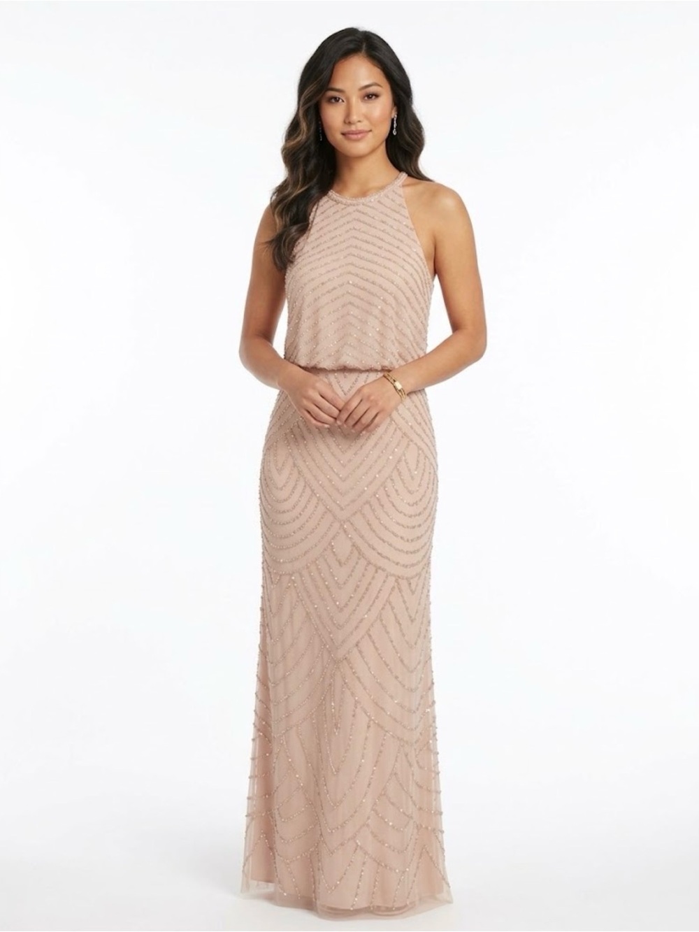 Adrianna Papell Blush One-Shoulder Beaded Evening Gown NWT
